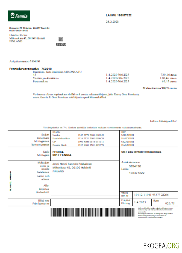 Facture commerciale de la compagnie d'assurance Fennia, SCR